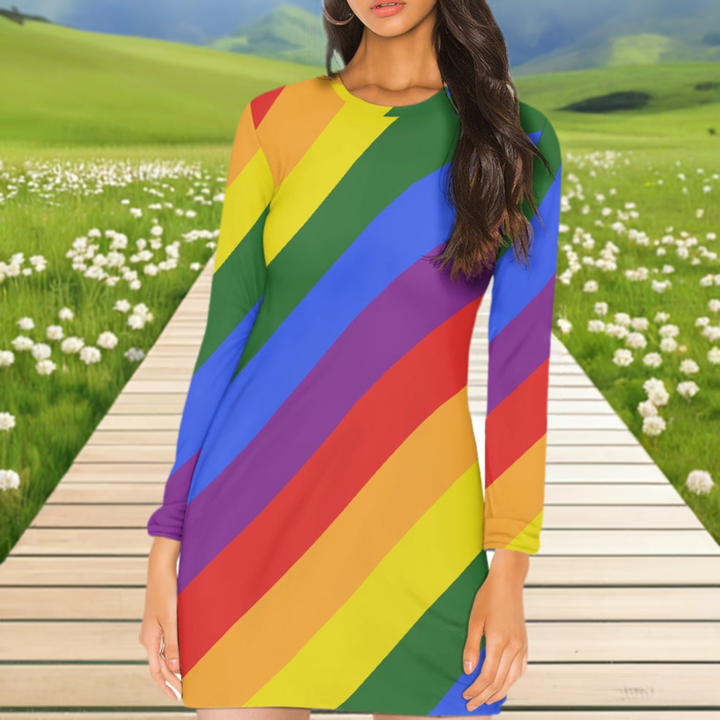 Rainbow Pride Long Sleeve Dress | Women's Colorful Striped Mini Dress with Round Neckline | Casual to Formal Wear | High-Resolution Pride Flag Inspired Fashion