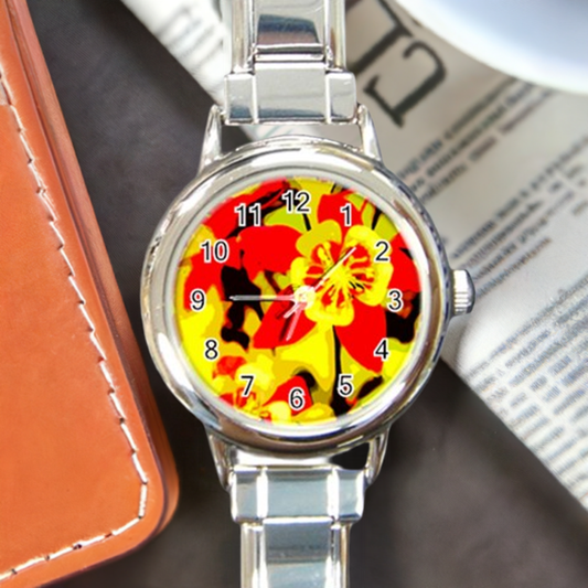 Red and Yellow Hibiscus Round Italian Charm Watch