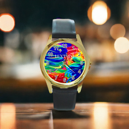 Rainbow Confusion Round Gold Metal Watch