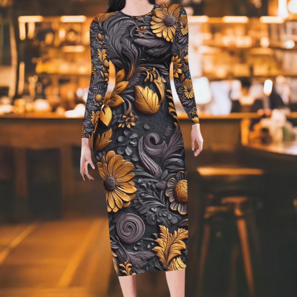 Gold Flowers Woodcut Women Bodycon Midi Sheath Dress