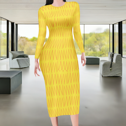 African | Ethnic | Mudcloth | Yellow Women Bodycon Midi Sheath Dress - up to 4XL