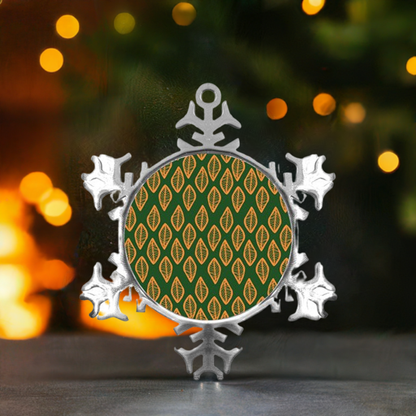 African | Ethnic | Mudcloth | #16 Green and Orange Metal Small Snowflake Ornament