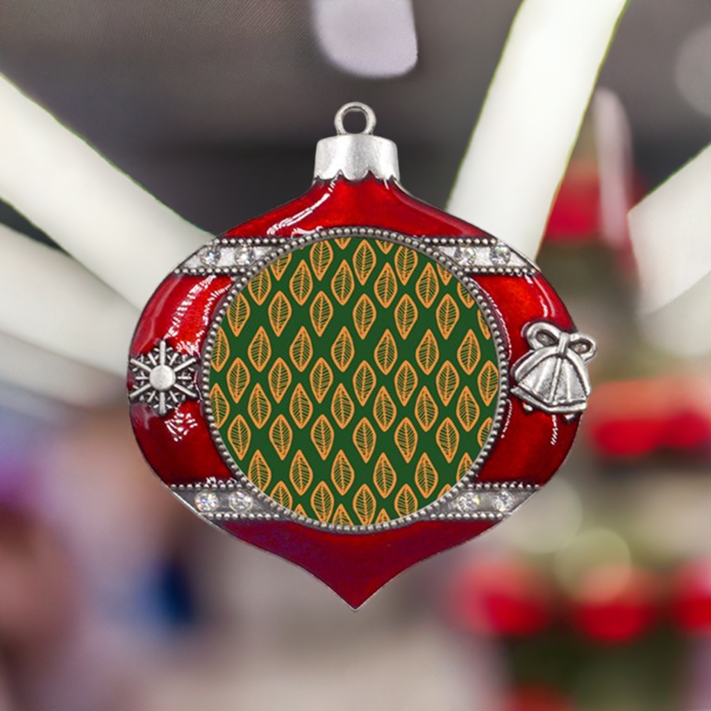 Green and Orange African Mudcloth Metal Snowflake Bell Ornament