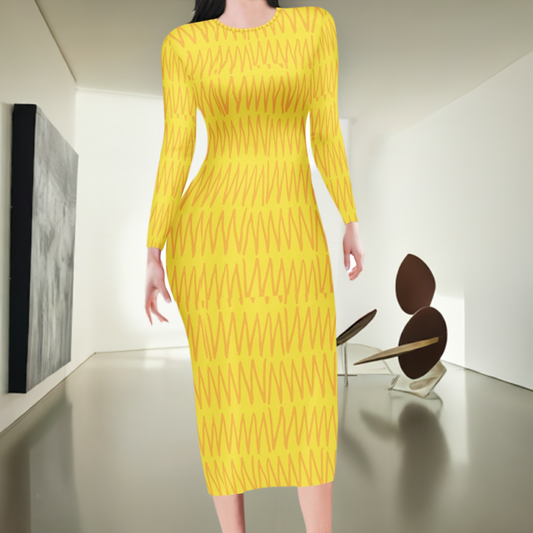 African | Ethnic | Mudcloth | Yellow Women Bodycon Midi Sheath Dress - up to 4XL