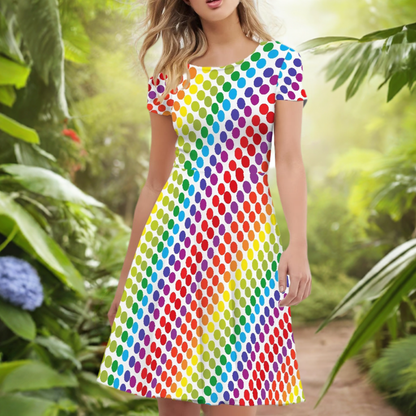 Rainbow Polka Dot Women Scoop Neck Short Sleeve Ruffle Dress