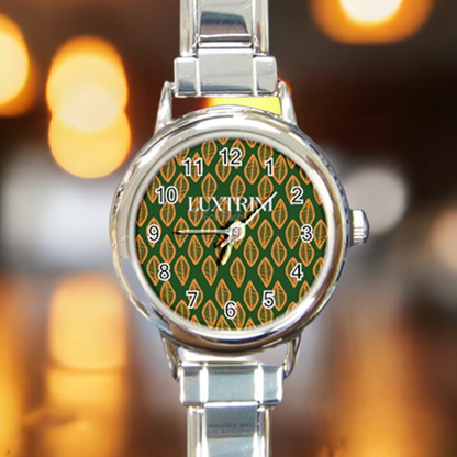 African Ethnic Mudcloth Green Orange Round Italian Charm Fashion Watch