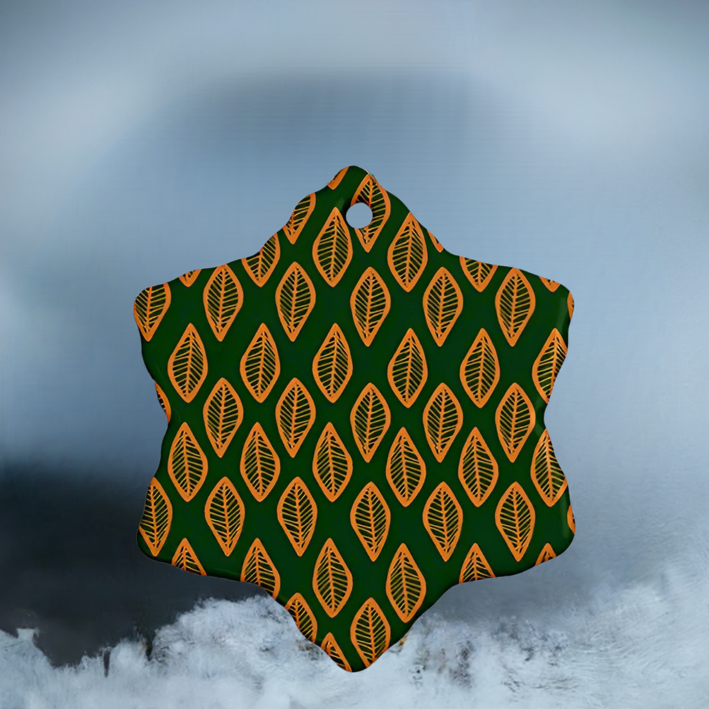 African | Ethnic | Mudcloth | #16 Green and Orange Ornament (Snowflake)