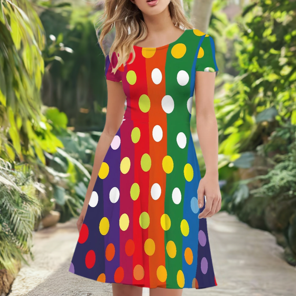 Rainbow Polka Women Scoop Neck Short Sleeve Ruffle Dress