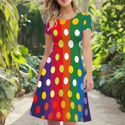 Rainbow Polka Women Scoop Neck Short Sleeve Ruffle Dress