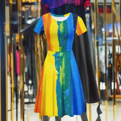 Rainbow Painting Women Scoop Neck Ruffle Dress