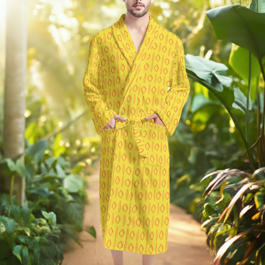 African Ethnic  Mudcloth #14 Yellow Men's Bathrobe