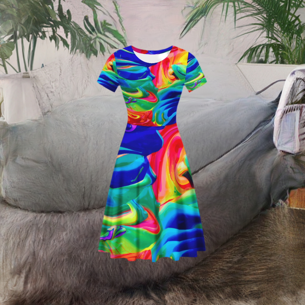 Rainbow Confusion Women Scoop Neck Ruffle Dress