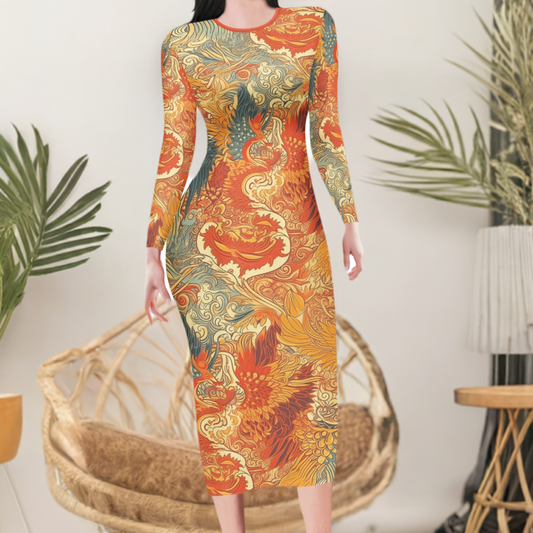 Experience the magic of ancient Chinese mythology with our exquisite Dragon and Phoenix Women Bodycon Midi Sheath Dress