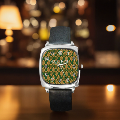 African | Ethnic | Mudcloth | #16 Green and Orange Square Metal Watch