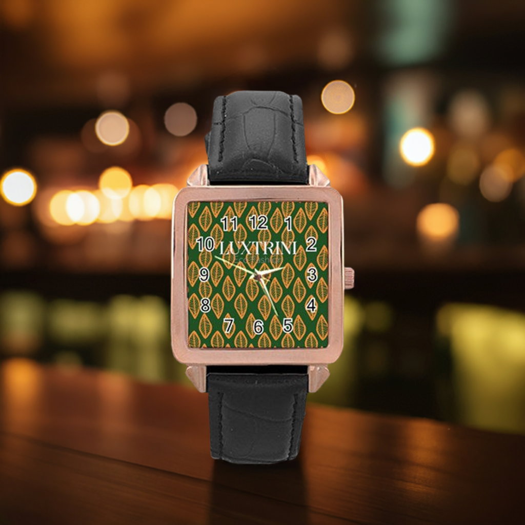 African | Ethnic | Mudcloth | #16 Green and Orange Rose Gold Leather Watch