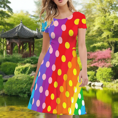 Rainbow Polka Dot Women Scoop Neck Short Sleeve Ruffle Dress