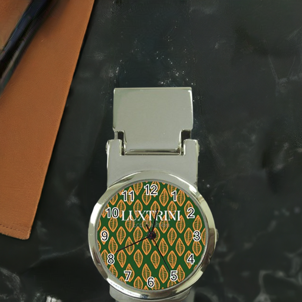 African | Ethnic | Mudcloth | #16 Green and Orange Money Clip Watch