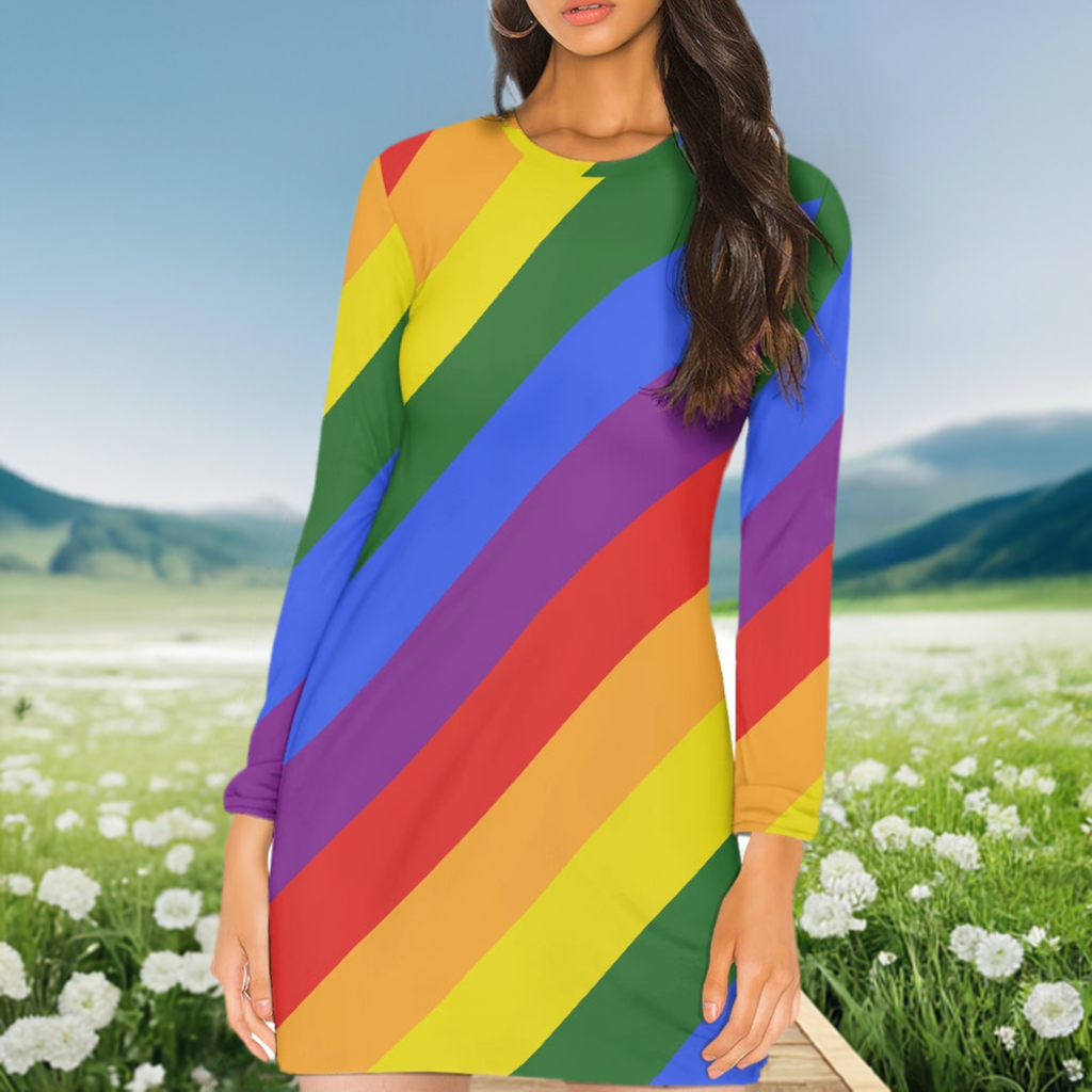 Rainbow Pride Long Sleeve Dress | Women's Colorful Striped Mini Dress with Round Neckline | Casual to Formal Wear | High-Resolution Pride Flag Inspired Fashion
