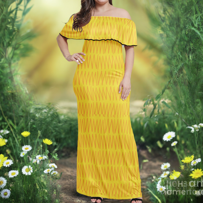 African Ethnic Mudcloth Yellow Women Off Shoulder Maxi Dress - Sizes up to 7XL