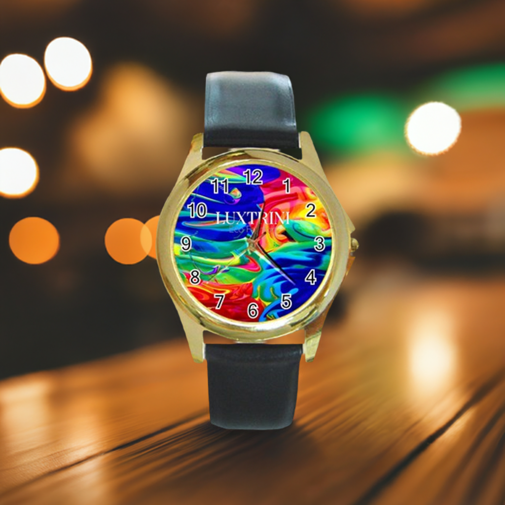 Rainbow Confusion Round Gold Metal Watch