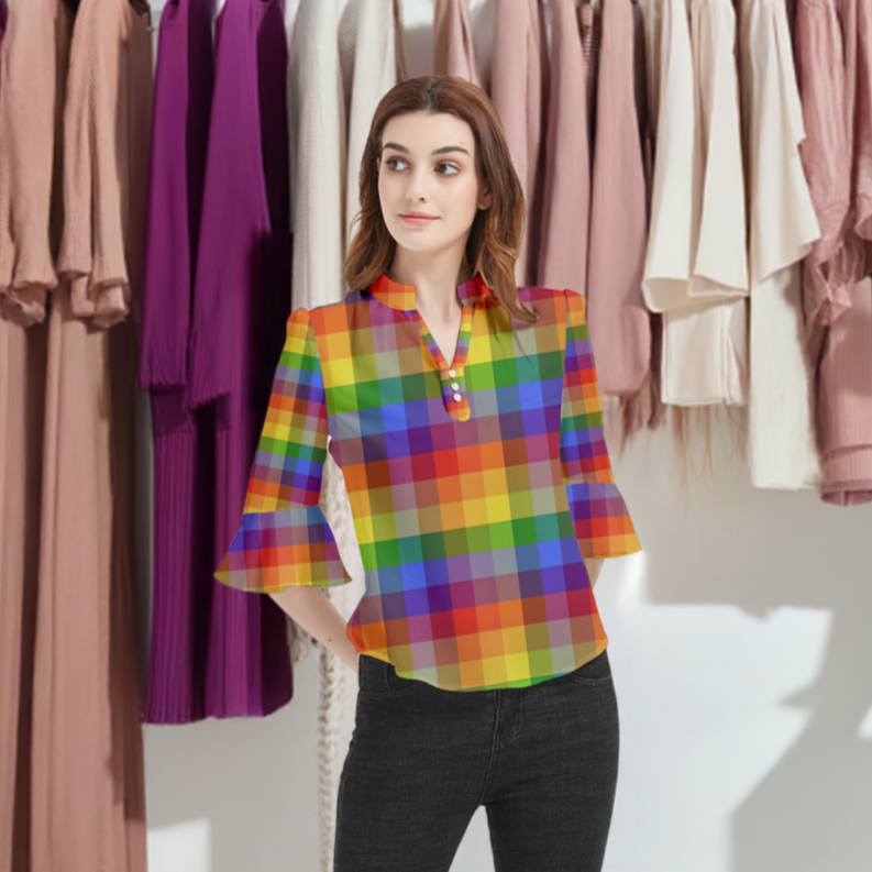 Rainbow Plaid Loose Horn Sleeve Chiffon Blouse