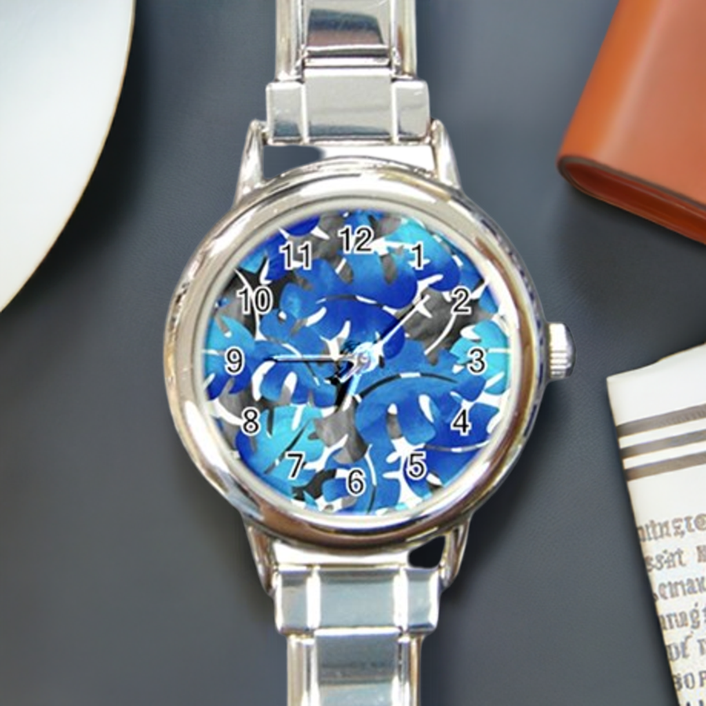 Round Italian Charm Watch Tropical Blues Leaves