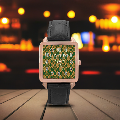 African | Ethnic | Mudcloth | #16 Green and Orange Rose Gold Leather Watch