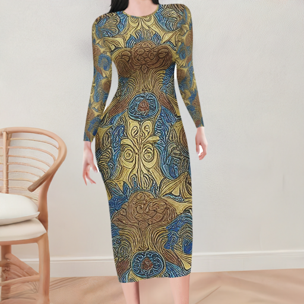 African Ethnic Blue Gold Brown Women Bodycon Midi Sheath Dress - up to 4XL