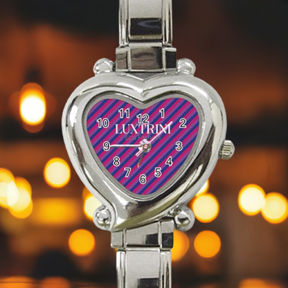 Luxtrini Bisexual Flag Heart Charm Watch | Customizable Luxury Timepiece with Japanese Movement, Adjustable Stainless Steel Band