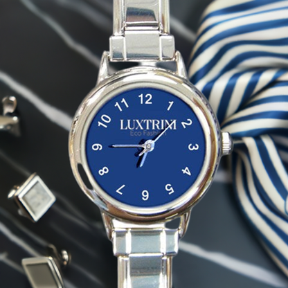 Round Italian Charm Watch - Classic Blue, Customizable Face, Adjustable Stainless Steel Band