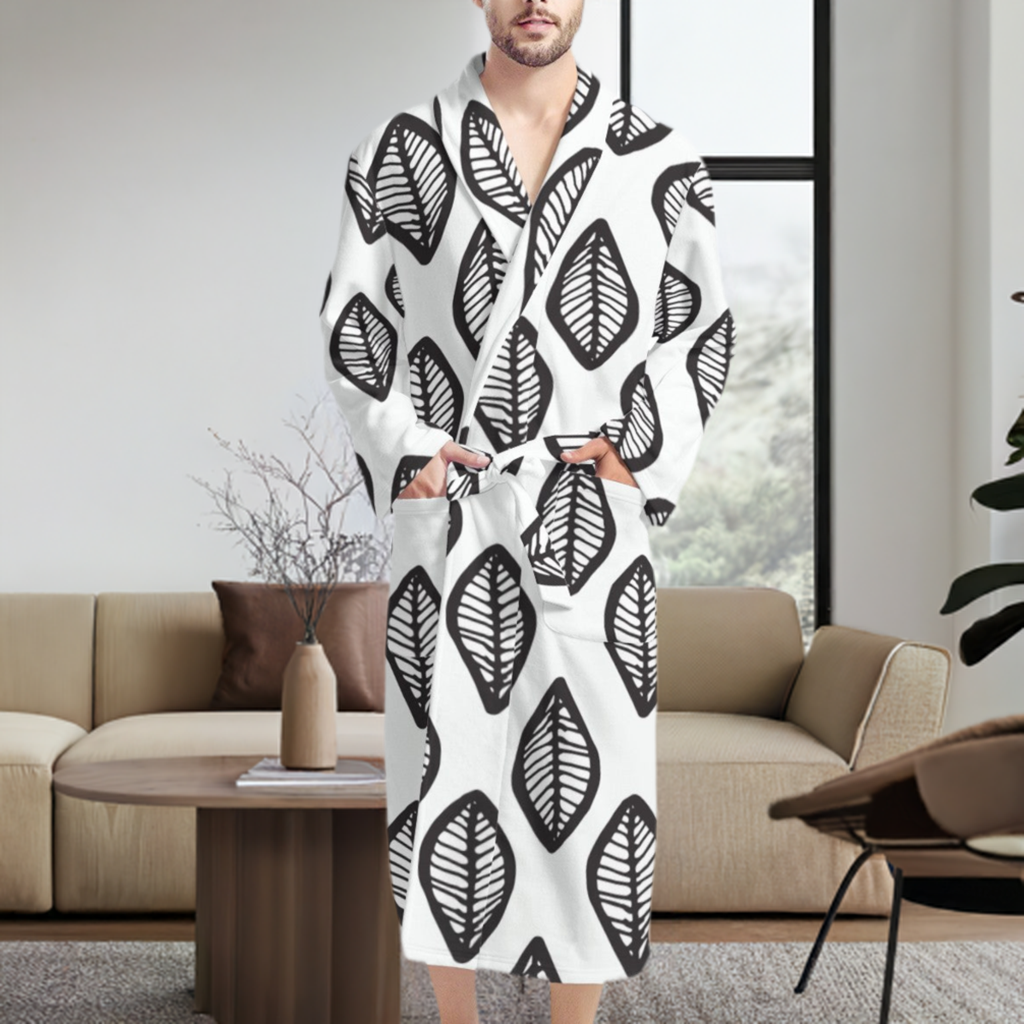 African | Ethnic | Mudcloth | #16 Black and White Men's Bathrobe