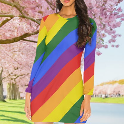 Rainbow Pride Long Sleeve Dress | Women's Colorful Striped Mini Dress with Round Neckline | Casual to Formal Wear | High-Resolution Pride Flag Inspired Fashion