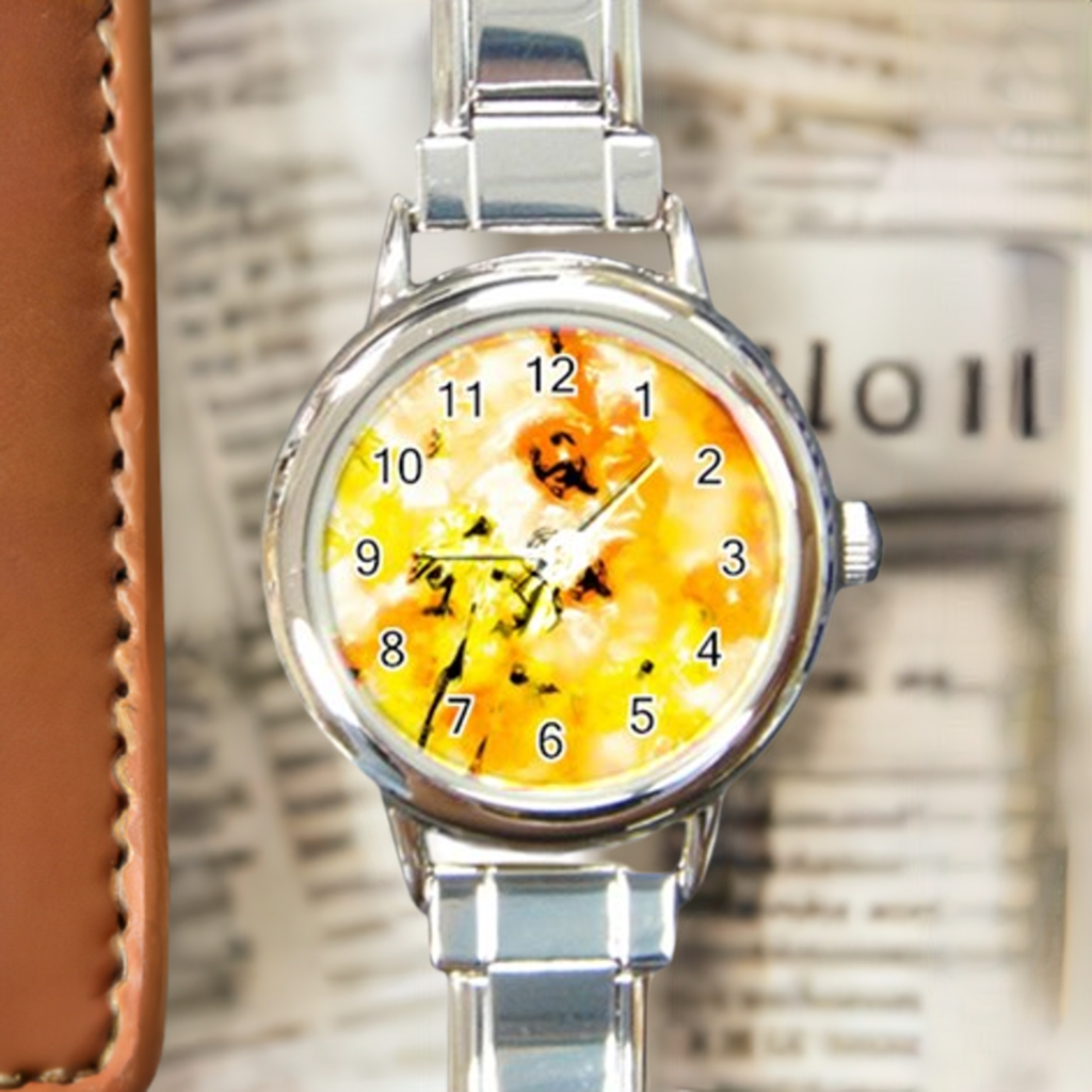 Round Italian Charm Watch Yellow Hibiscus Impressionist