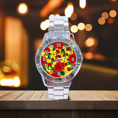 Red Flowers on Yellow Stainless Steel Analogue Watch