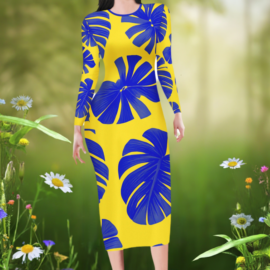 Blue Monstera on Yellow Women Bodycon Midi Sheath Dress - up to 4XL - Perfect for Special Occasions