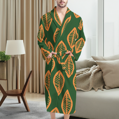 African | Ethnic | Mudcloth | #16 Green and Orange Men's Bathrobe