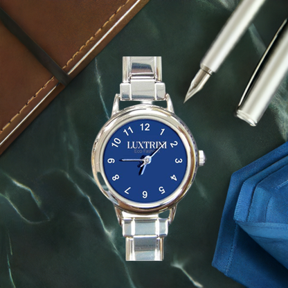 Round Italian Charm Watch - Classic Blue, Customizable Face, Adjustable Stainless Steel Band