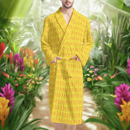 African Ethnic  Mudcloth #14 Yellow Men's Bathrobe