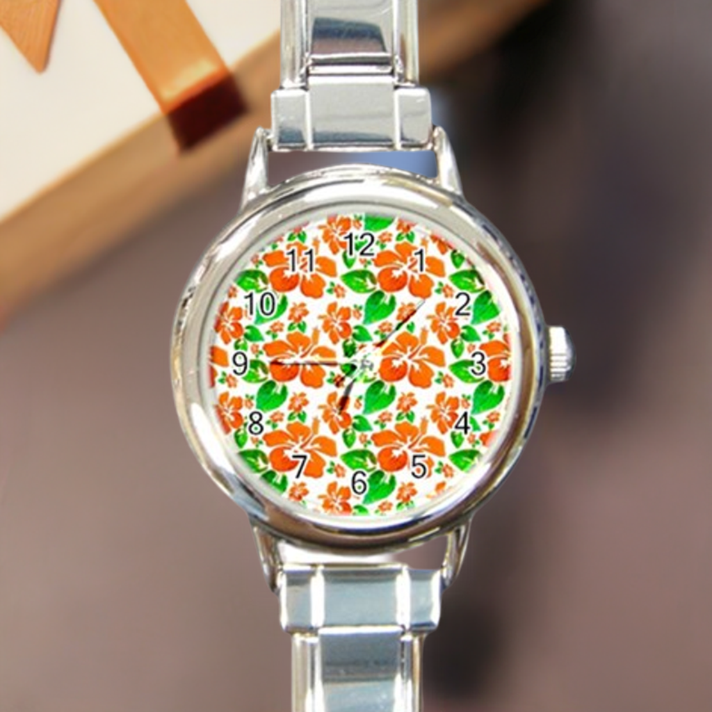 Round Italian Charm Watch Hibiscus