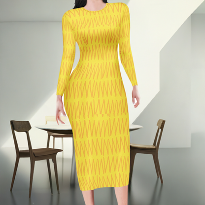 African | Ethnic | Mudcloth | Yellow Women Bodycon Midi Sheath Dress - up to 4XL