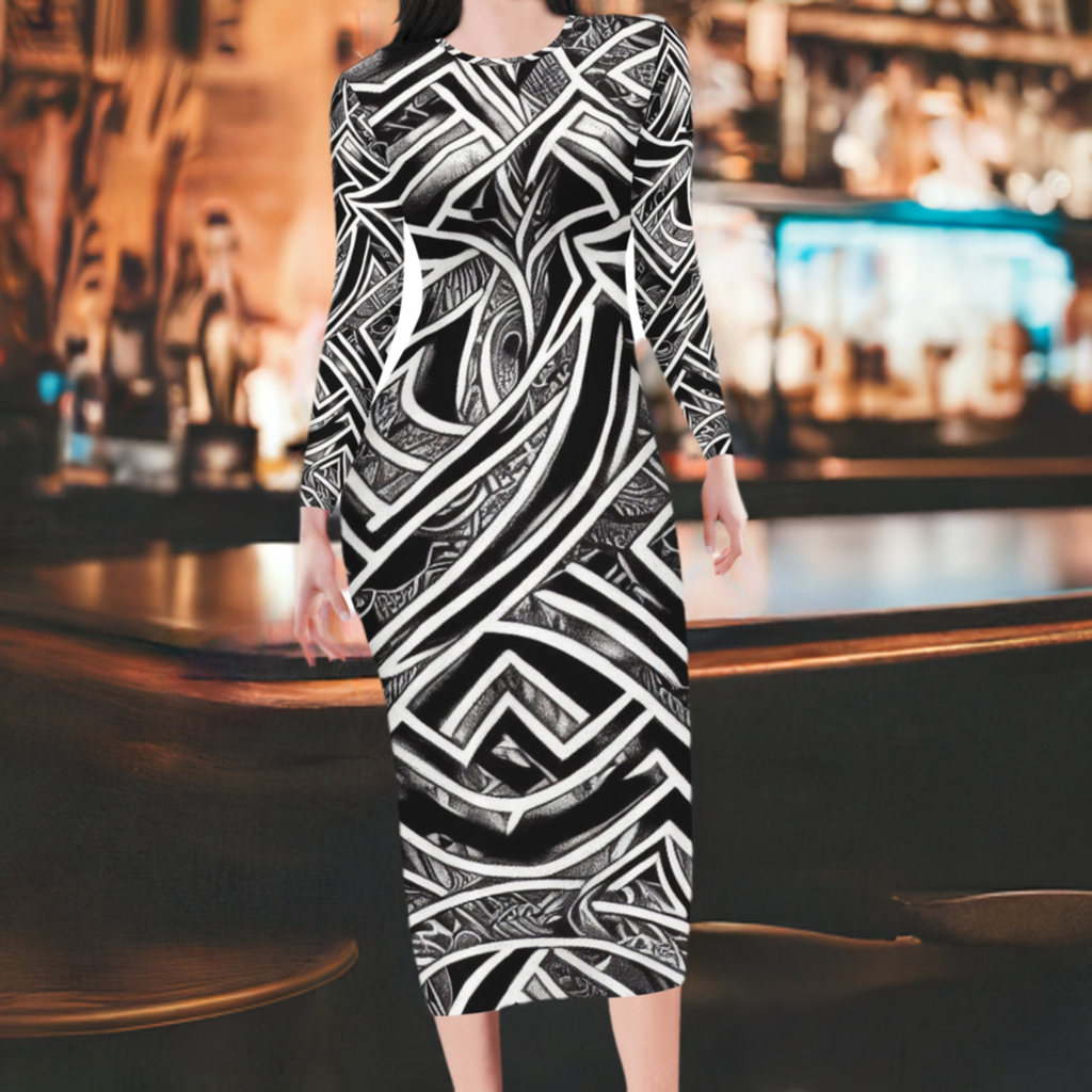 Black and White Polynesian Women Bodycon Midi Sheath Dress - up to 4XL