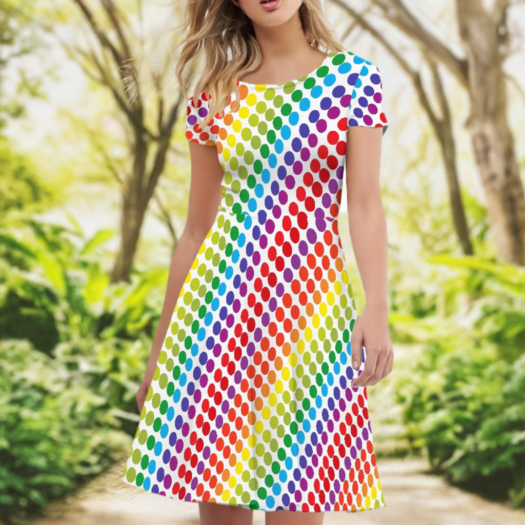 Rainbow Polka Dot Women Scoop Neck Short Sleeve Ruffle Dress