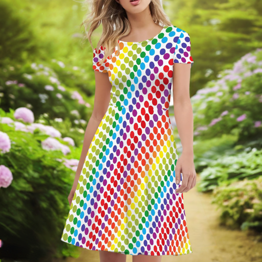 Rainbow Polka Dot Women Scoop Neck Short Sleeve Ruffle Dress