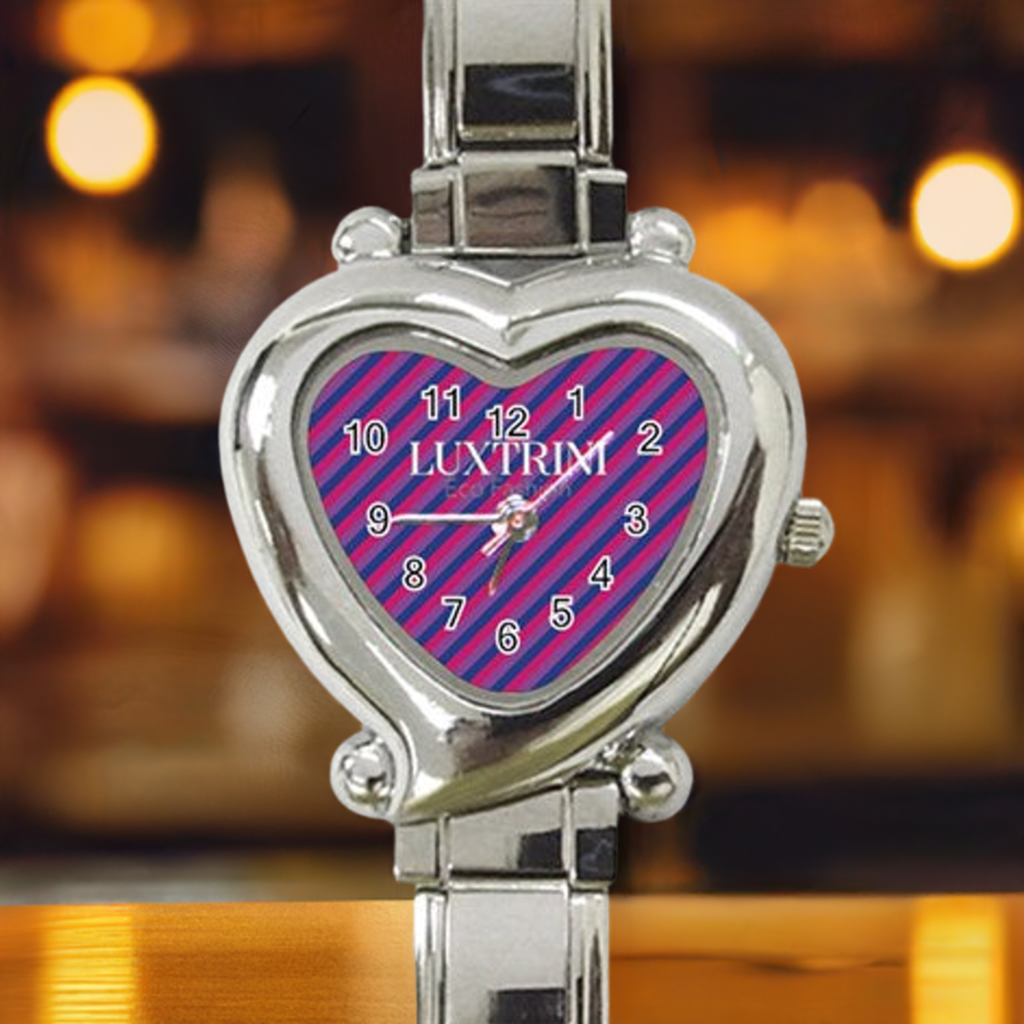 Luxtrini Bisexual Flag Heart Charm Watch | Customizable Luxury Timepiece with Japanese Movement, Adjustable Stainless Steel Band