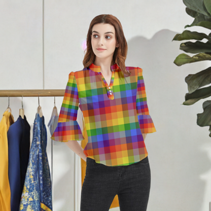 Rainbow Plaid Loose Horn Sleeve Chiffon Blouse