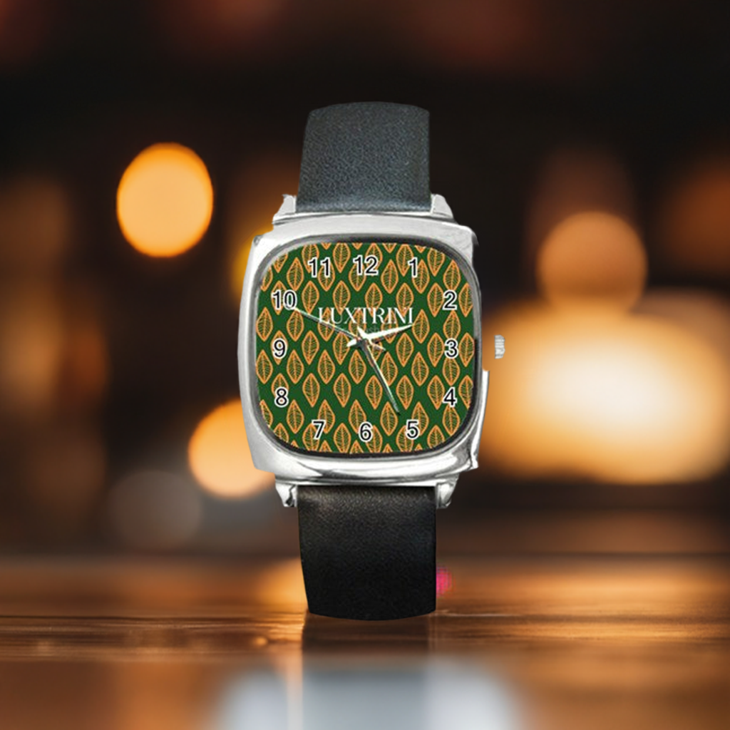 African | Ethnic | Mudcloth | #16 Green and Orange Square Metal Watch