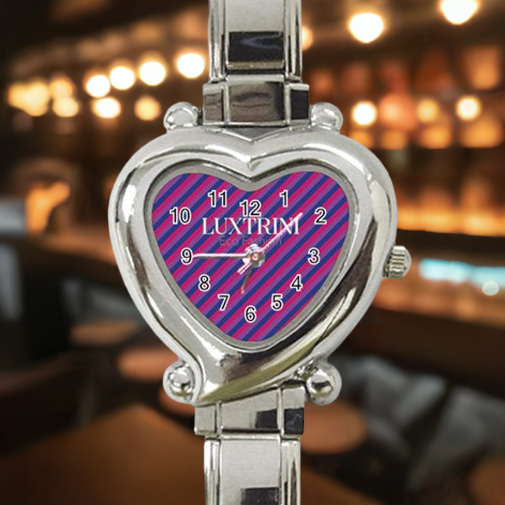 Luxtrini Bisexual Flag Heart Charm Watch | Customizable Luxury Timepiece with Japanese Movement, Adjustable Stainless Steel Band