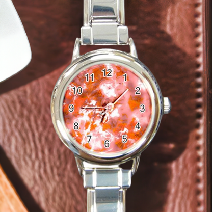 Round Italian Charm Watch Red Hibiscus Impressionist