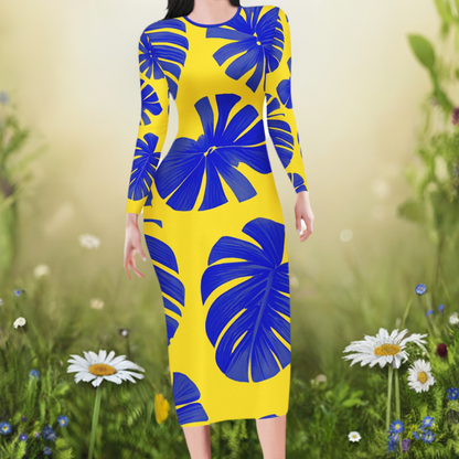 Blue Monstera on Yellow Women Bodycon Midi Sheath Dress - up to 4XL - Perfect for Special Occasions