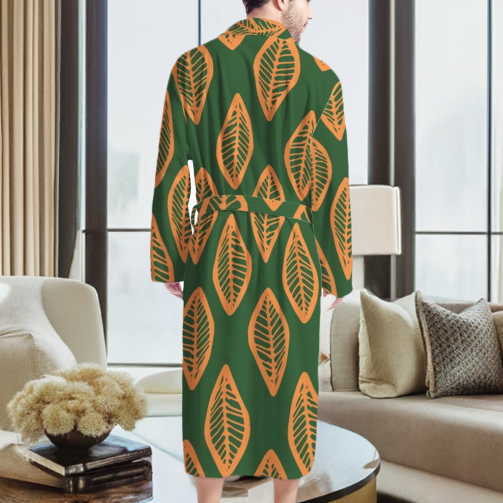 African | Ethnic | Mudcloth | #16 Green and Orange Men's Bathrobe